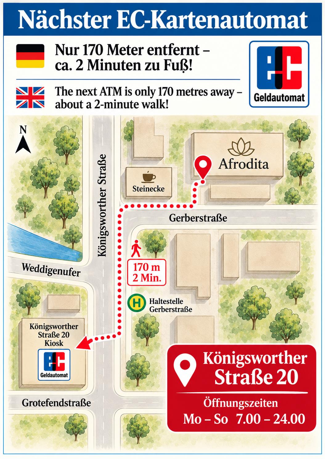 Weg zum nächsten EC-Geldautomat, Königsworther Straße 20